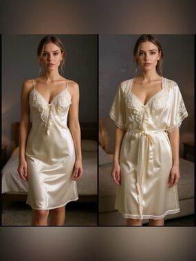🔥VINTAGE LILY OF FRANCE 60s 70s 80s Lace Nightgown Robe Chemise Set Cream